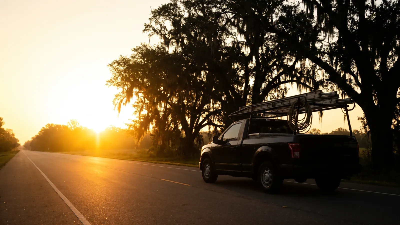 Live oaks silhouetted across an open South Louisiana horizon