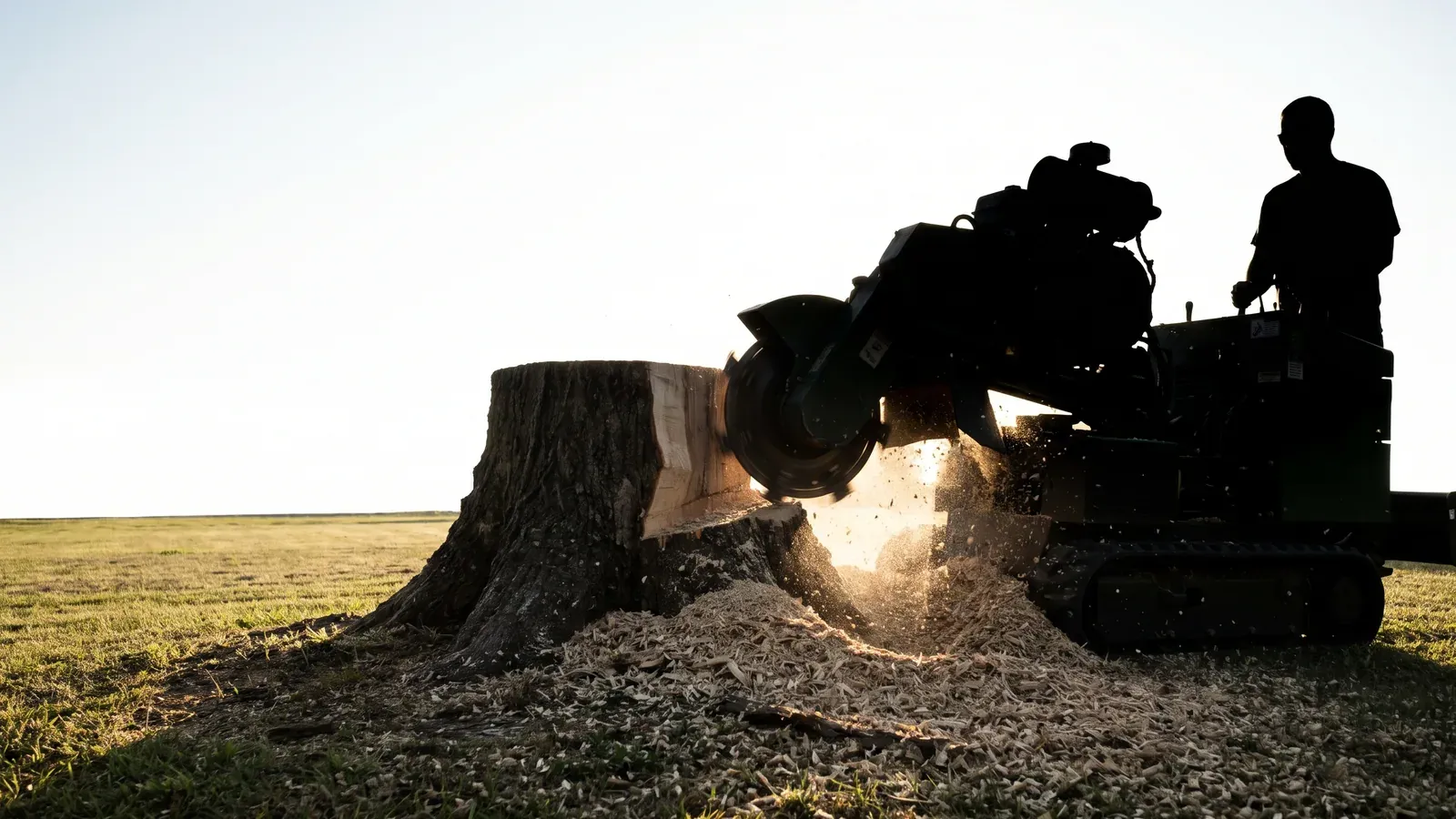 A tracked stump grinder with its cutting wheel engaged in a broad low oak stump
